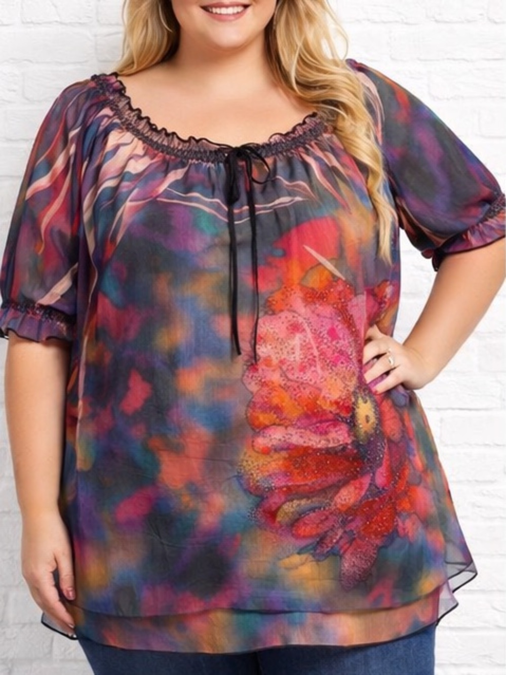 Dressbarn 3X Sheer Floral Embellished Blouse Boho Peasant Top